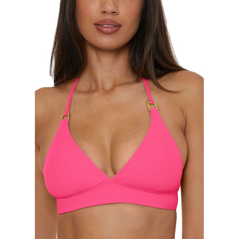 Becca Womens Modern Edge Textured Rib Halter Bikini Top Large Pink Glo - Nwt